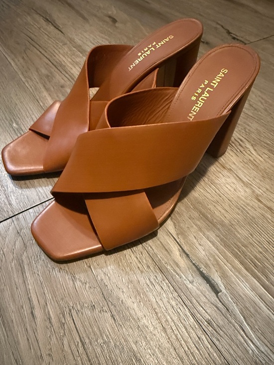 Saint Laurent Shoes - Saint Laurent Cognac Leather Crisscross Block Heel Mules